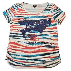 AZI Jeans White Preppy Stripe Shirt Beaded Gathered Short Sleeves Womens Size M